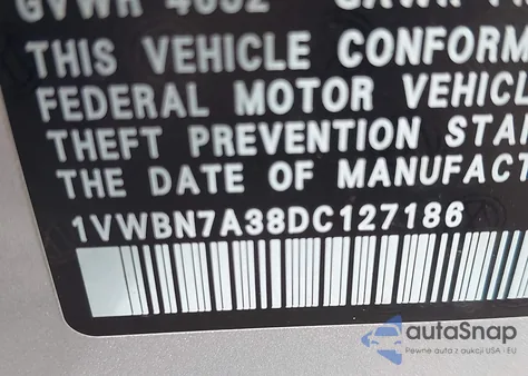 2013 Volkswagen Passat 2.0L Tdi Se z USA, uszkodzony, nr VIN 1VWBN7A38DC127186
